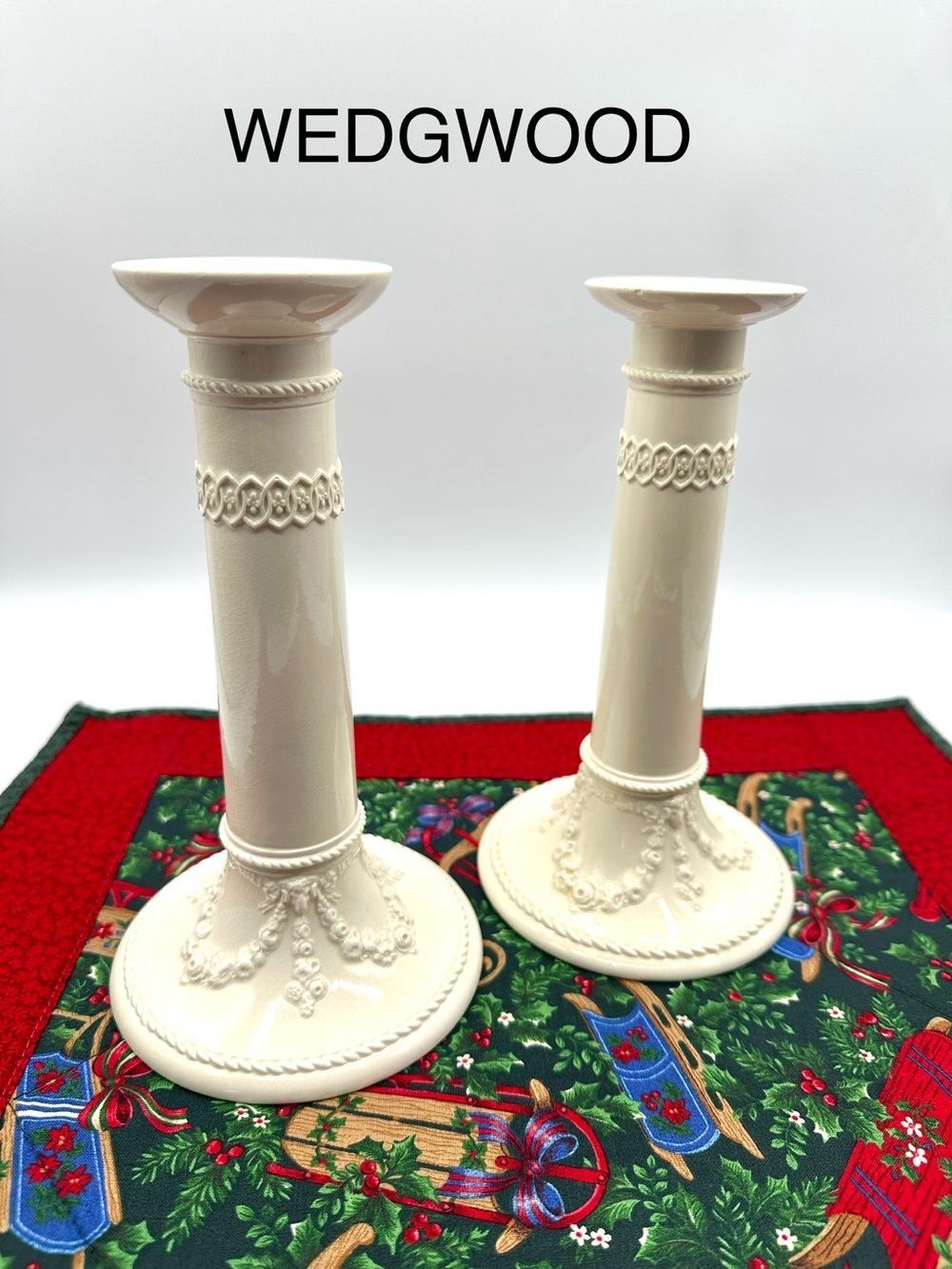 2 Wedgwood Cream on Cream colored Candlesticks. Embossed Queensware
